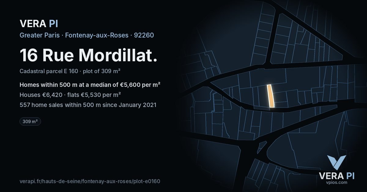 16 Rue Mordillat, Fontenay-aux-Roses at night – the plot lit, the parcels around coloured by the prices near them