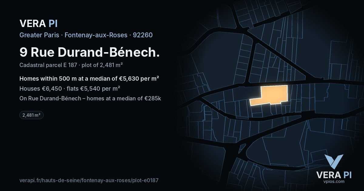 9 Rue Durand-Bénech, Fontenay-aux-Roses at night – the plot lit, the parcels around coloured by the prices near them