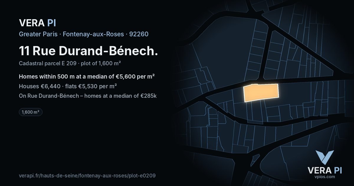 11 Rue Durand-Bénech, Fontenay-aux-Roses at night – the plot lit, the parcels around coloured by the prices near them