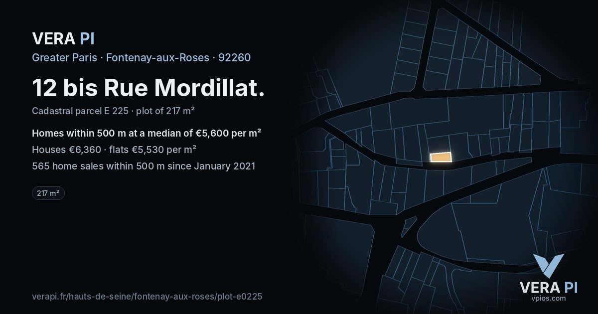 12 bis Rue Mordillat, Fontenay-aux-Roses at night – the plot lit, the parcels around coloured by the prices near them