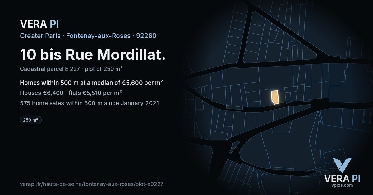 10 bis Rue Mordillat, Fontenay-aux-Roses at night – the plot lit, the parcels around coloured by the prices near them