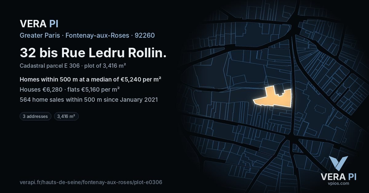 32 bis Rue Ledru Rollin, Fontenay-aux-Roses at night – the plot lit, the parcels around coloured by the prices near them