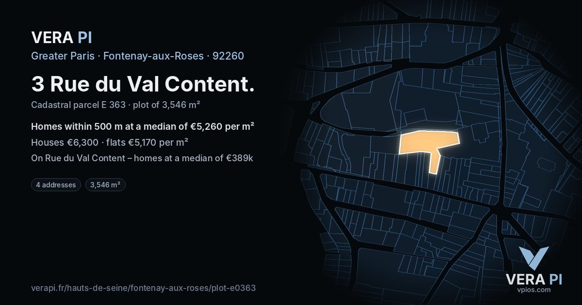 3 Rue du Val Content, Fontenay-aux-Roses at night – the plot lit, the parcels around coloured by the prices near them