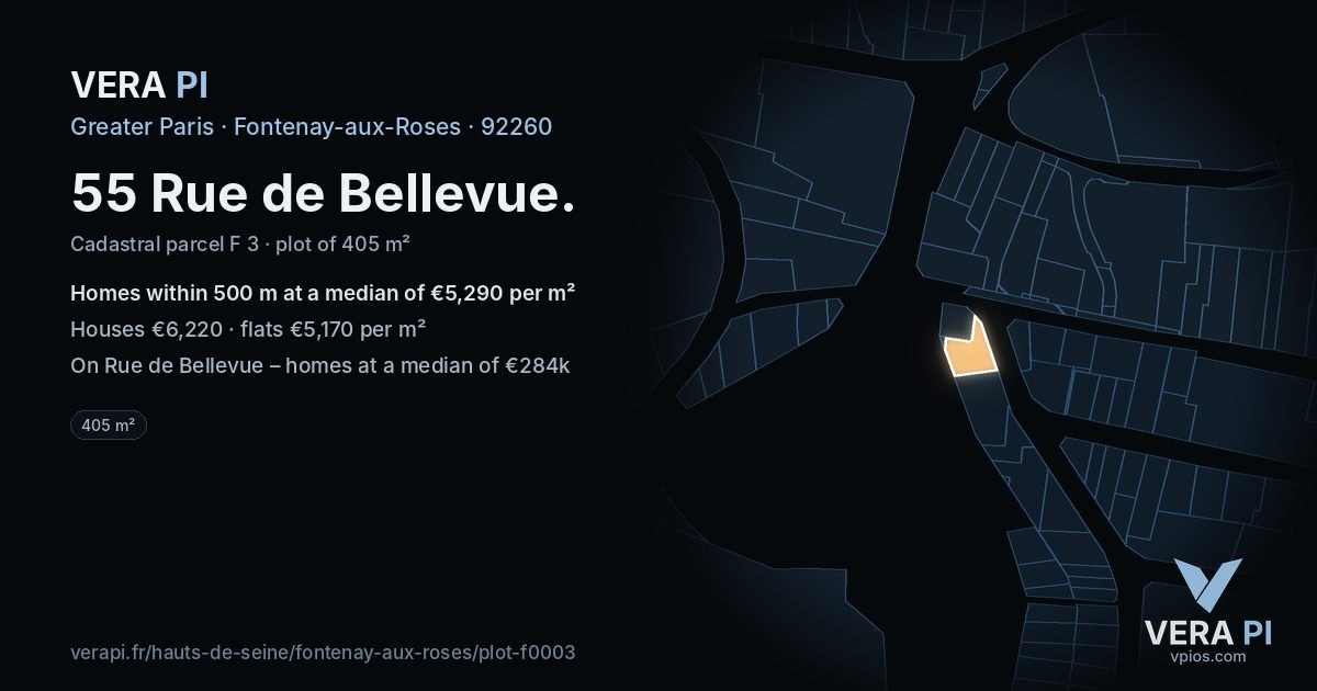 55 Rue de Bellevue, Fontenay-aux-Roses at night – the plot lit, the parcels around coloured by the prices near them