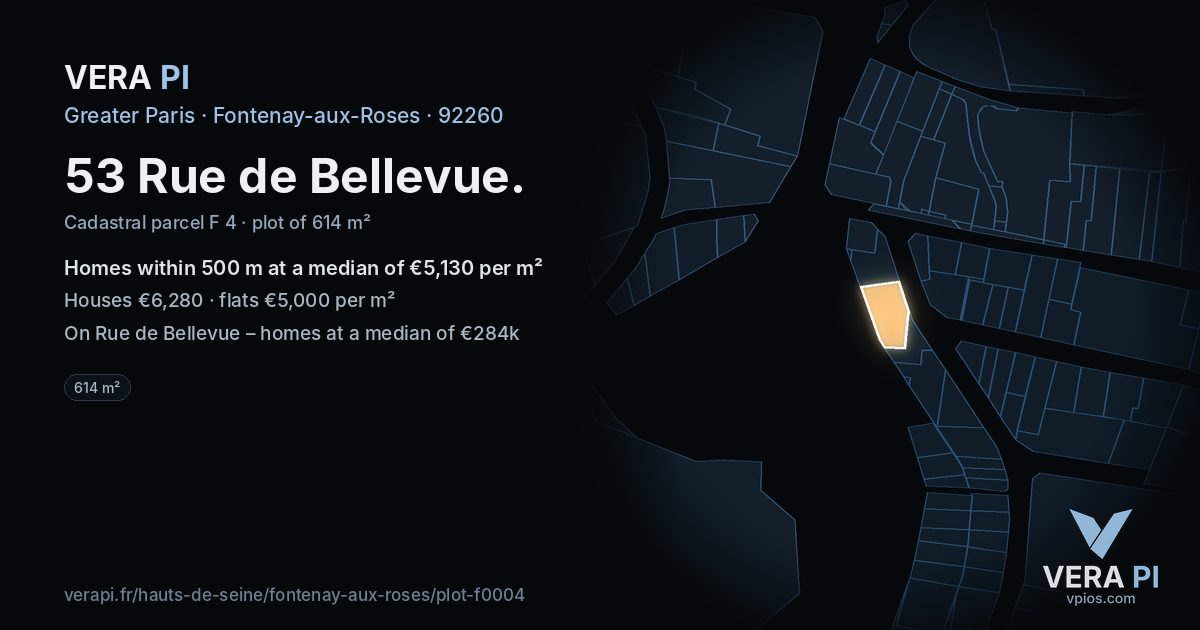 53 Rue de Bellevue, Fontenay-aux-Roses at night – the plot lit, the parcels around coloured by the prices near them