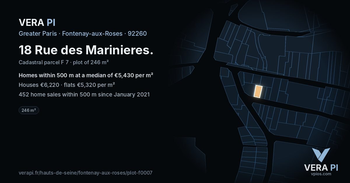 18 Rue des Marinieres, Fontenay-aux-Roses at night – the plot lit, the parcels around coloured by the prices near them