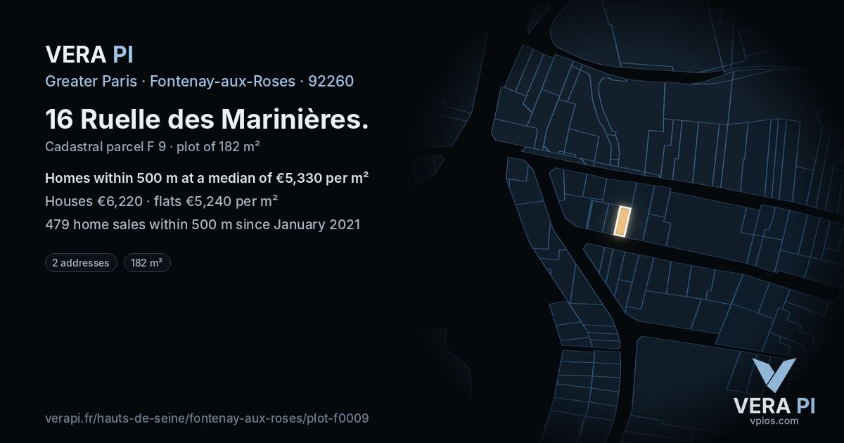 16 Ruelle des Marinières, Fontenay-aux-Roses at night – the plot lit, the parcels around coloured by the prices near them