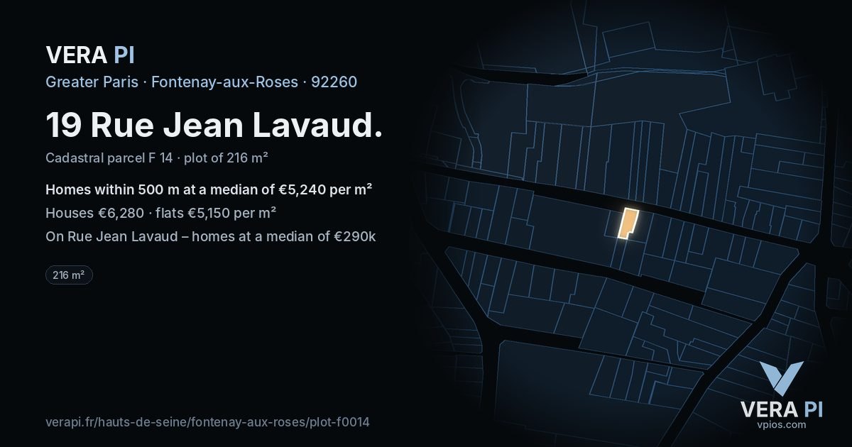 19 Rue Jean Lavaud, Fontenay-aux-Roses at night – the plot lit, the parcels around coloured by the prices near them
