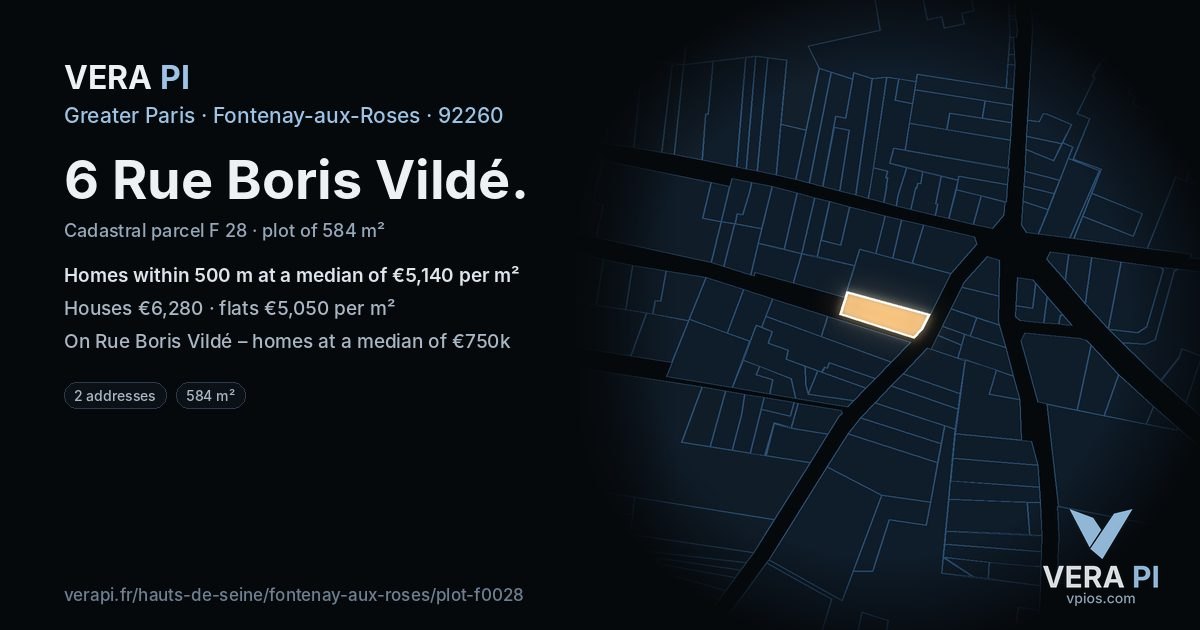 6 Rue Boris Vildé, Fontenay-aux-Roses at night – the plot lit, the parcels around coloured by the prices near them
