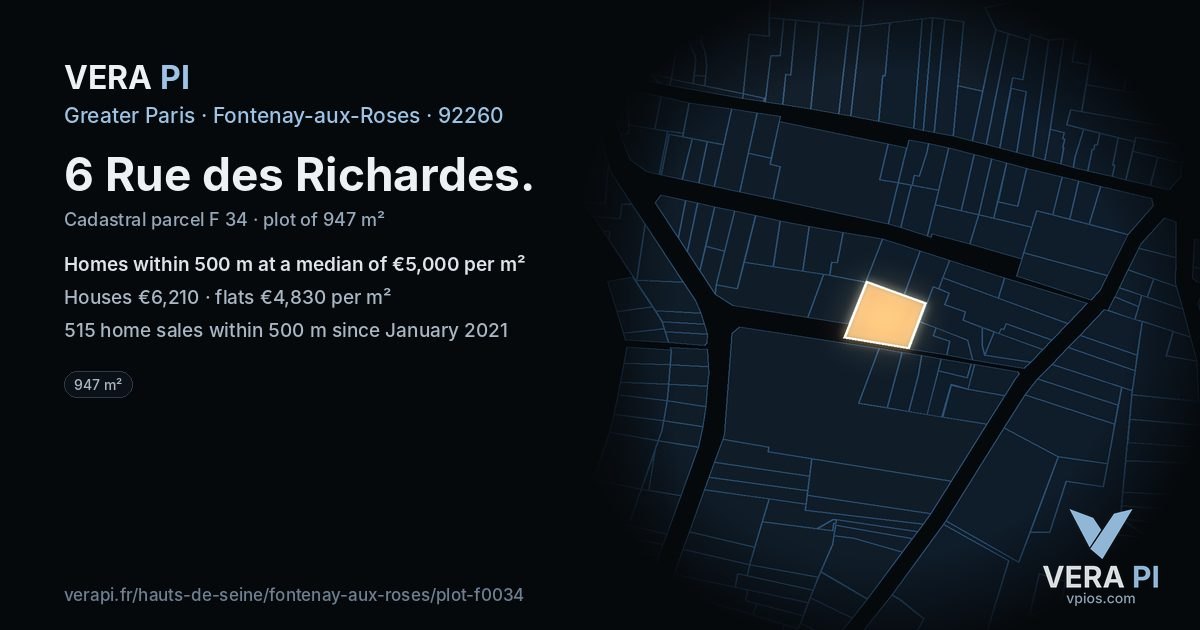 6 Rue des Richardes, Fontenay-aux-Roses at night – the plot lit, the parcels around coloured by the prices near them