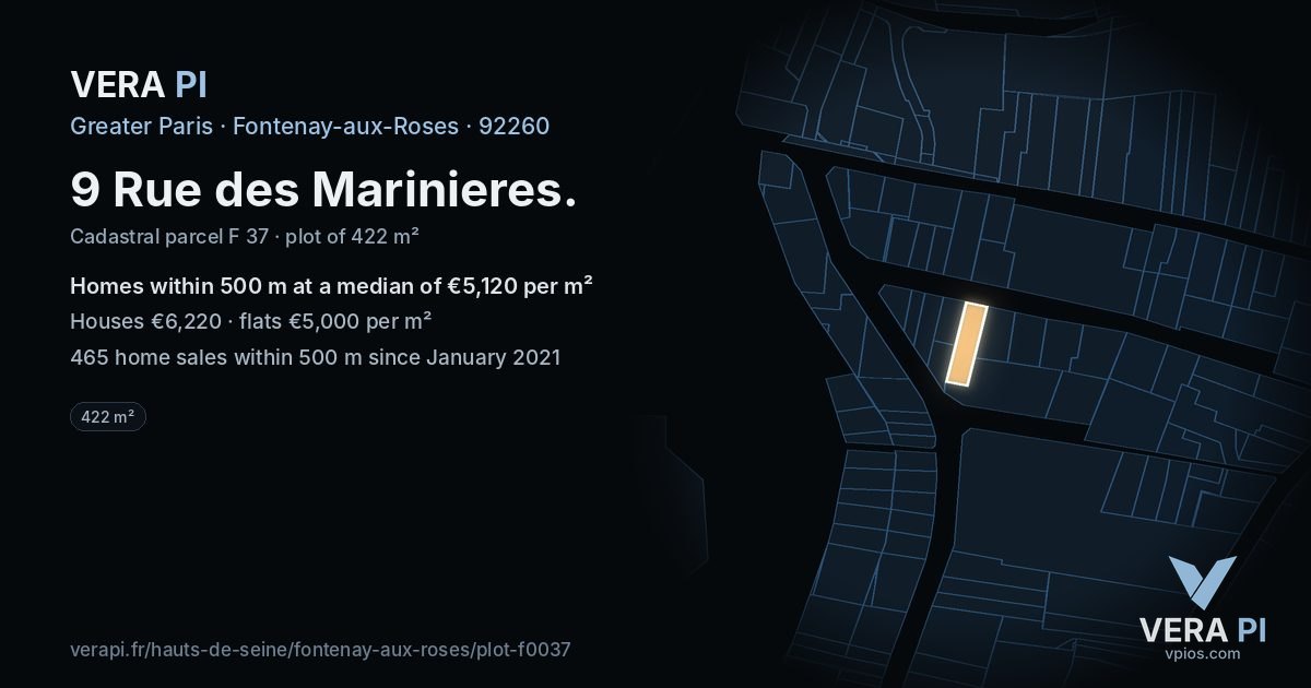 9 Rue des Marinieres, Fontenay-aux-Roses at night – the plot lit, the parcels around coloured by the prices near them
