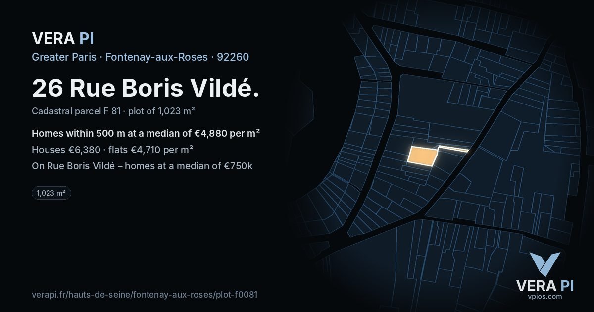26 Rue Boris Vildé, Fontenay-aux-Roses at night – the plot lit, the parcels around coloured by the prices near them