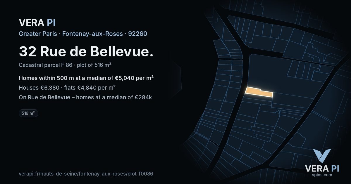 32 Rue de Bellevue, Fontenay-aux-Roses at night – the plot lit, the parcels around coloured by the prices near them