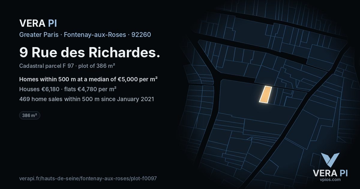 9 Rue des Richardes, Fontenay-aux-Roses at night – the plot lit, the parcels around coloured by the prices near them