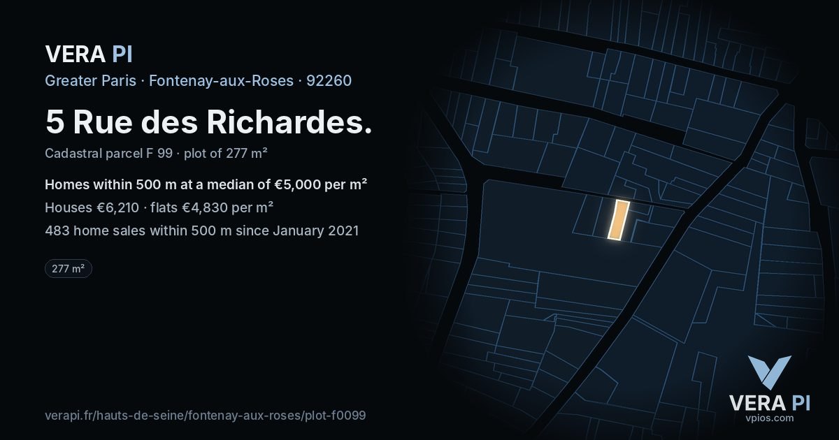 5 Rue des Richardes, Fontenay-aux-Roses at night – the plot lit, the parcels around coloured by the prices near them