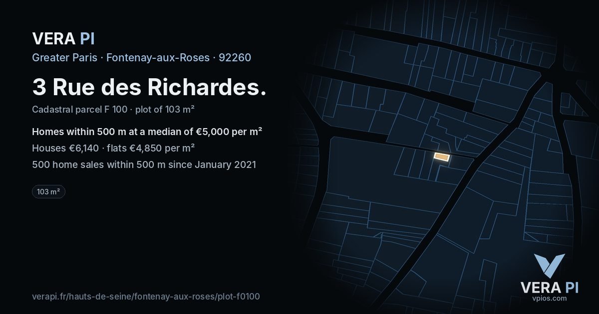 3 Rue des Richardes, Fontenay-aux-Roses at night – the plot lit, the parcels around coloured by the prices near them