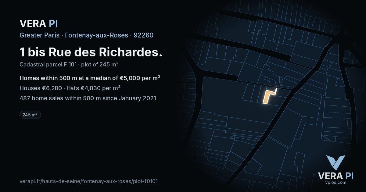 1 bis Rue des Richardes, Fontenay-aux-Roses at night – the plot lit, the parcels around coloured by the prices near them