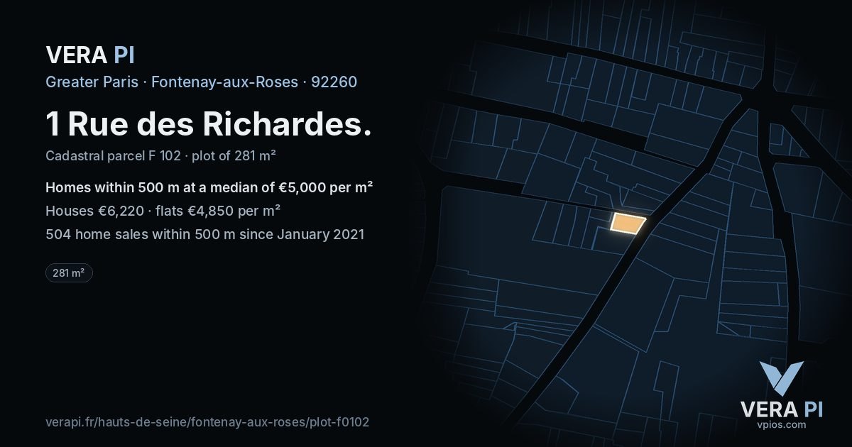 1 Rue des Richardes, Fontenay-aux-Roses at night – the plot lit, the parcels around coloured by the prices near them