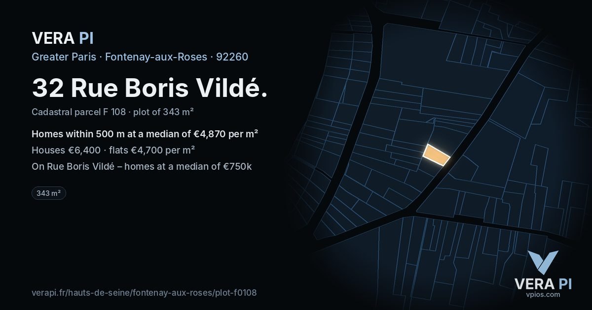 32 Rue Boris Vildé, Fontenay-aux-Roses at night – the plot lit, the parcels around coloured by the prices near them