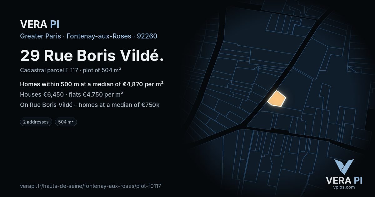 29 Rue Boris Vildé, Fontenay-aux-Roses at night – the plot lit, the parcels around coloured by the prices near them