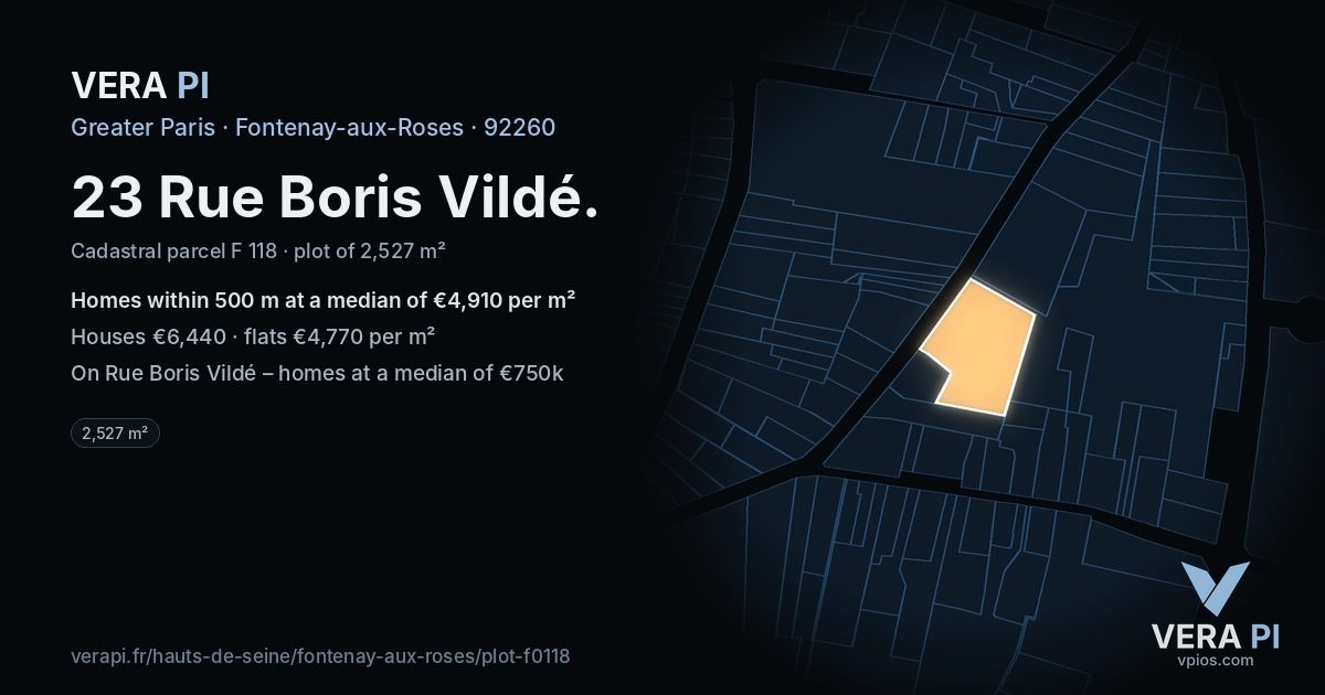 23 Rue Boris Vildé, Fontenay-aux-Roses at night – the plot lit, the parcels around coloured by the prices near them