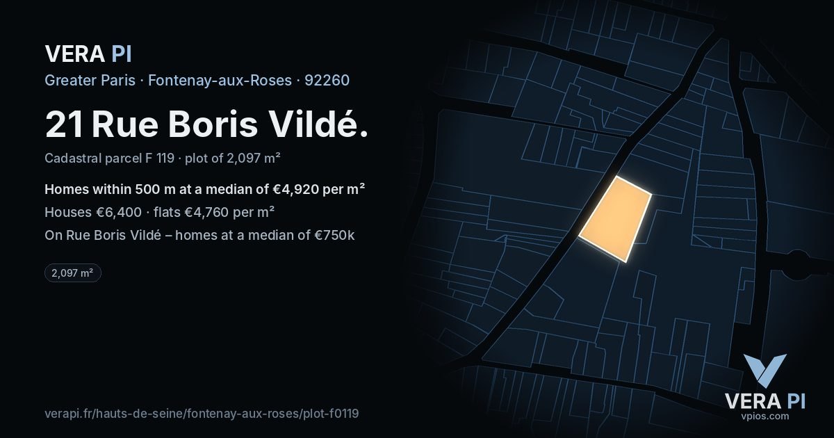 21 Rue Boris Vildé, Fontenay-aux-Roses at night – the plot lit, the parcels around coloured by the prices near them