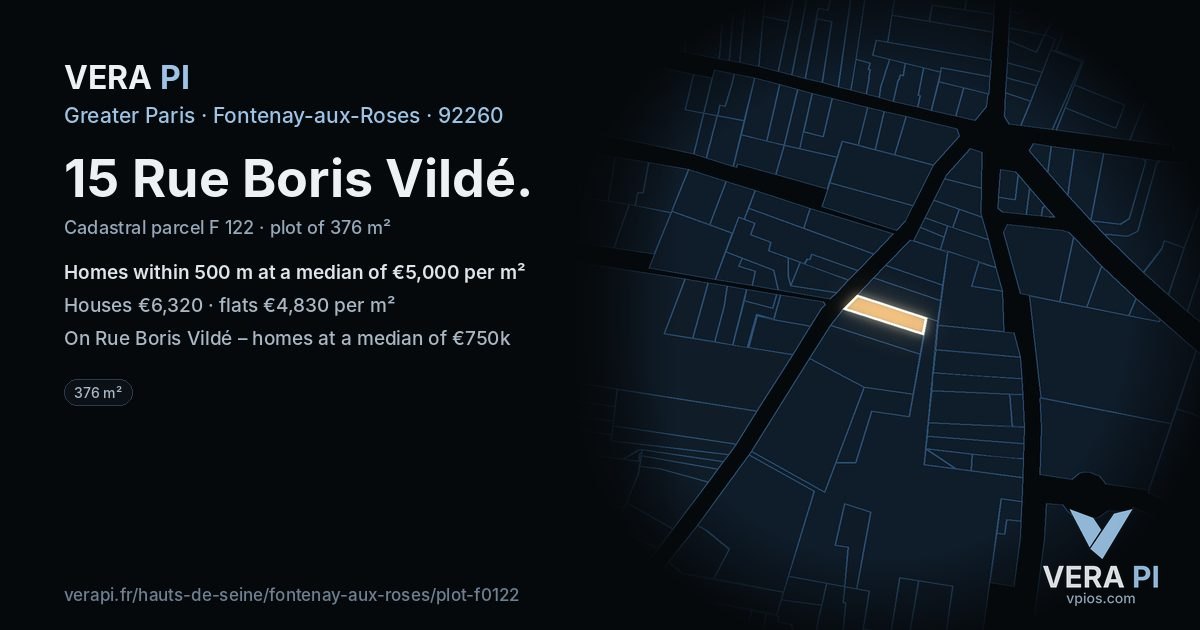 15 Rue Boris Vildé, Fontenay-aux-Roses at night – the plot lit, the parcels around coloured by the prices near them