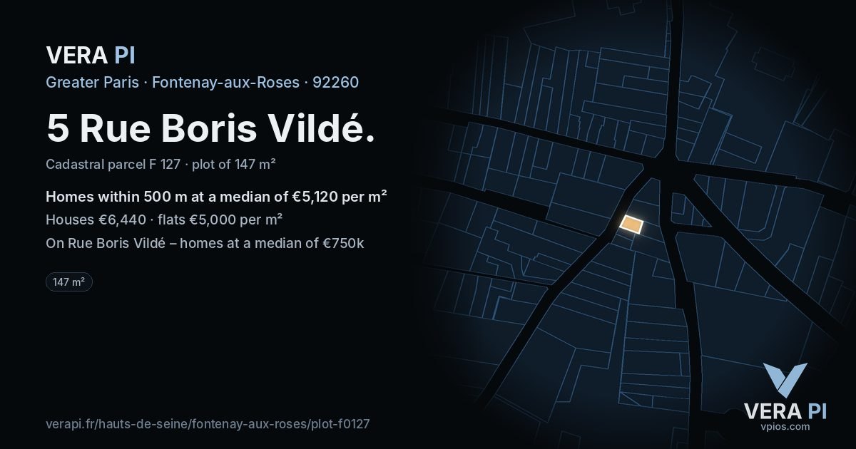 5 Rue Boris Vildé, Fontenay-aux-Roses at night – the plot lit, the parcels around coloured by the prices near them