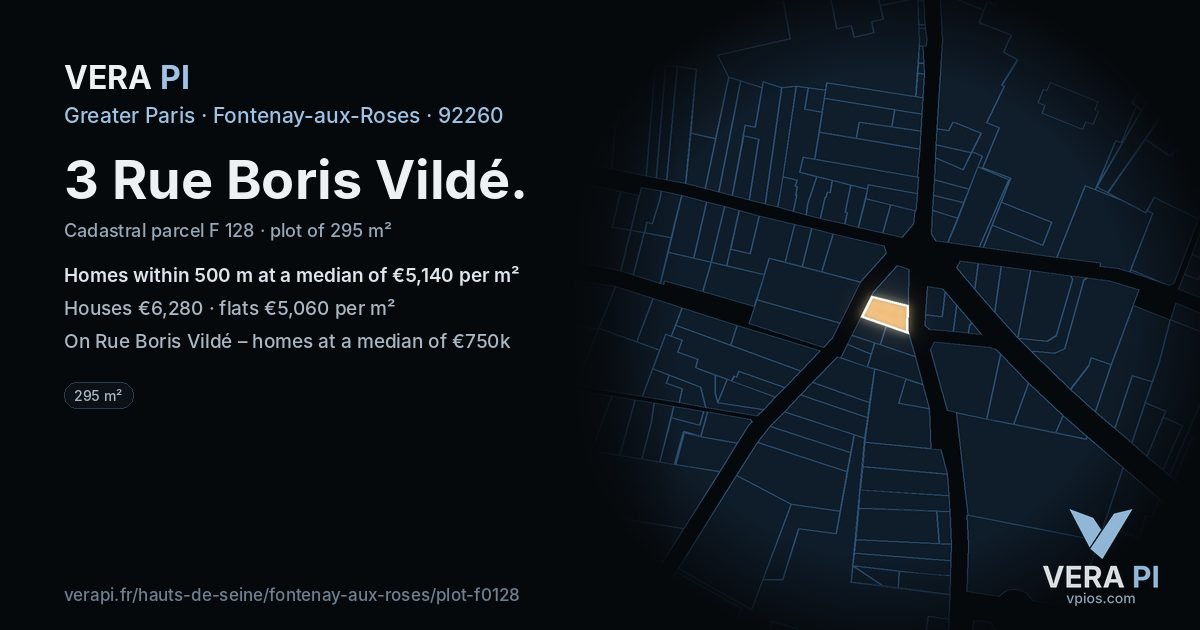 3 Rue Boris Vildé, Fontenay-aux-Roses at night – the plot lit, the parcels around coloured by the prices near them