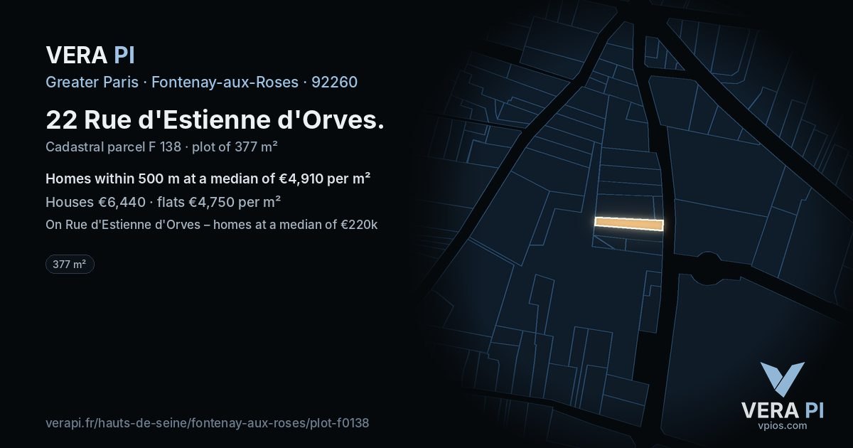 22 Rue d'Estienne d'Orves, Fontenay-aux-Roses at night – the plot lit, the parcels around coloured by the prices near them