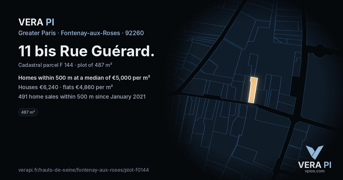 11 bis Rue Guérard, Fontenay-aux-Roses at night – the plot lit, the parcels around coloured by the prices near them
