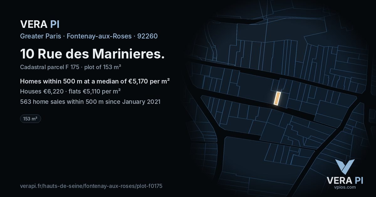 10 Rue des Marinieres, Fontenay-aux-Roses at night – the plot lit, the parcels around coloured by the prices near them