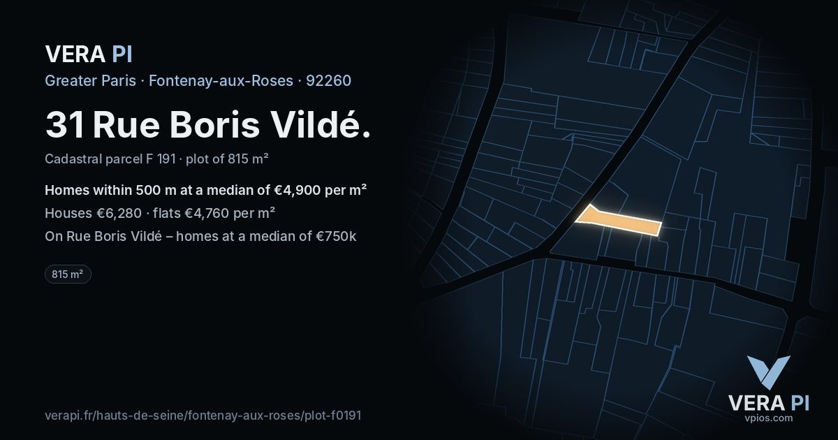 31 Rue Boris Vildé, Fontenay-aux-Roses at night – the plot lit, the parcels around coloured by the prices near them