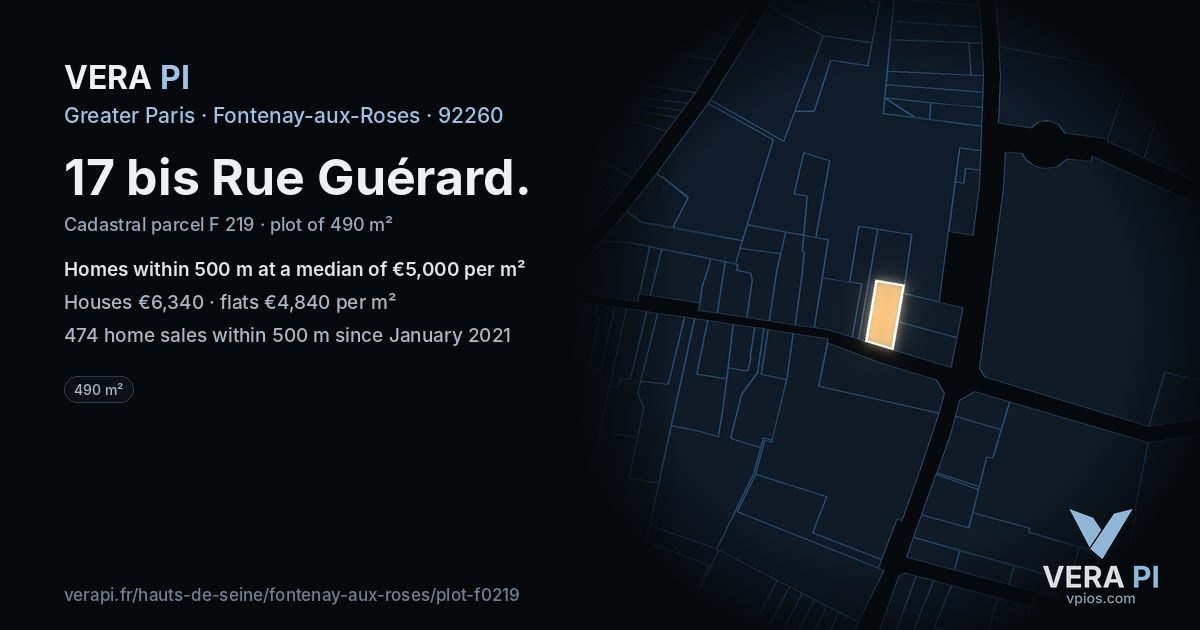 17 bis Rue Guérard, Fontenay-aux-Roses at night – the plot lit, the parcels around coloured by the prices near them