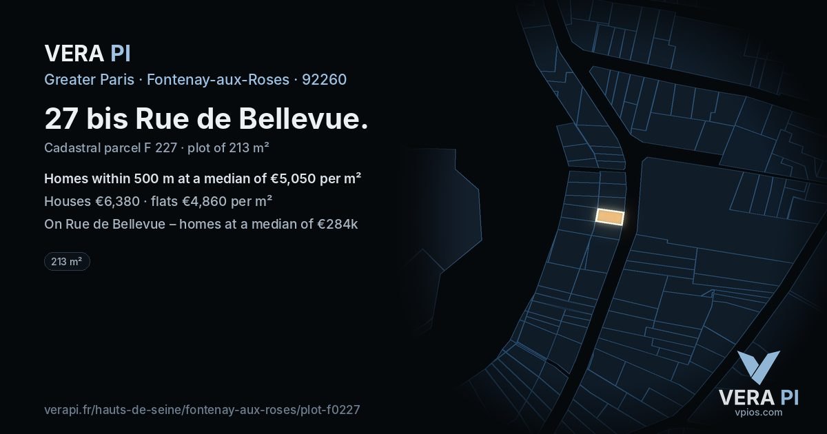 27 bis Rue de Bellevue, Fontenay-aux-Roses at night – the plot lit, the parcels around coloured by the prices near them