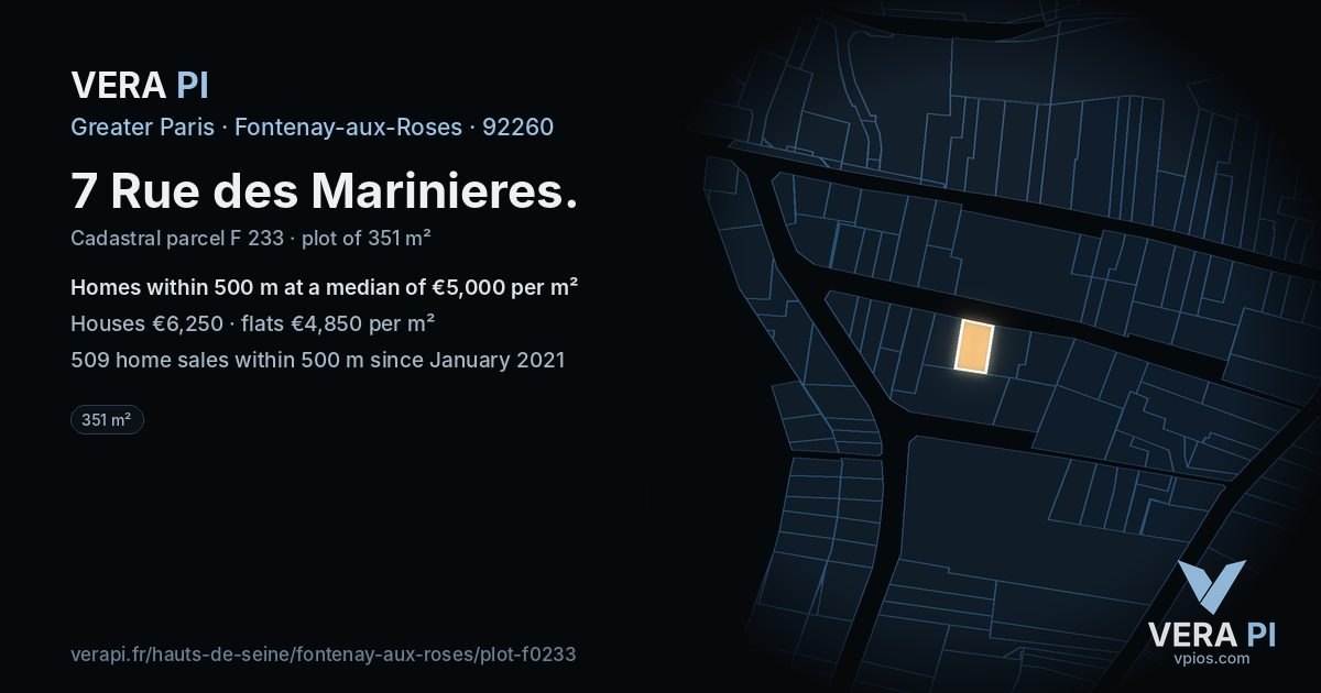 7 Rue des Marinieres, Fontenay-aux-Roses at night – the plot lit, the parcels around coloured by the prices near them