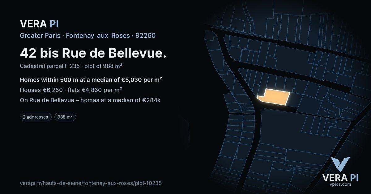 42 bis Rue de Bellevue, Fontenay-aux-Roses at night – the plot lit, the parcels around coloured by the prices near them