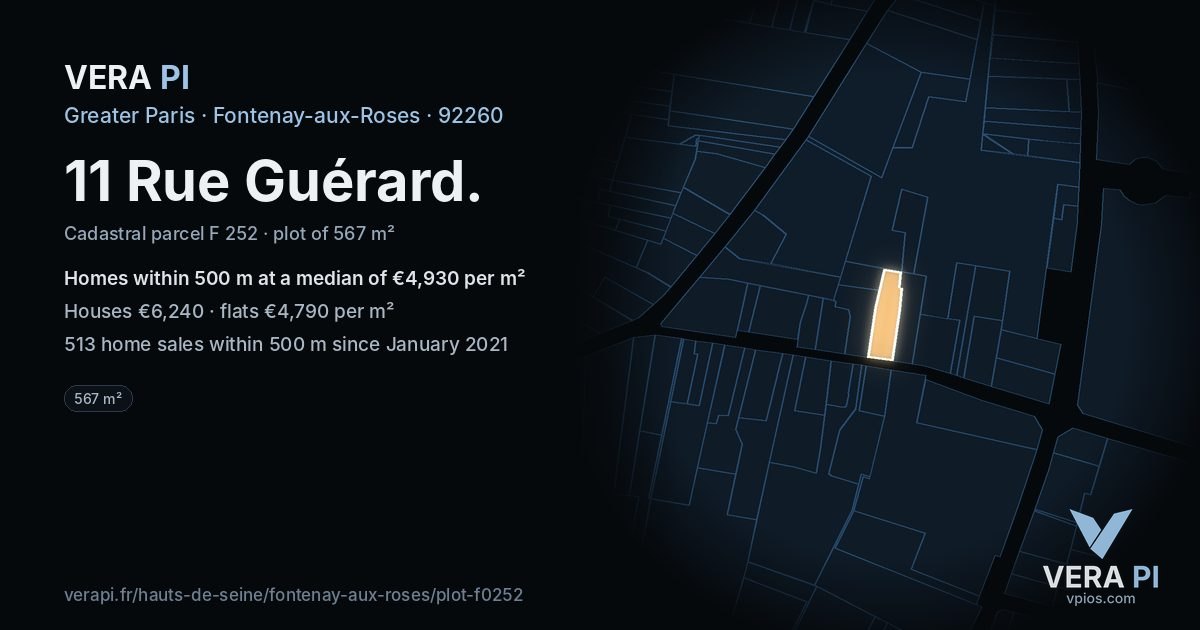 11 Rue Guérard, Fontenay-aux-Roses at night – the plot lit, the parcels around coloured by the prices near them