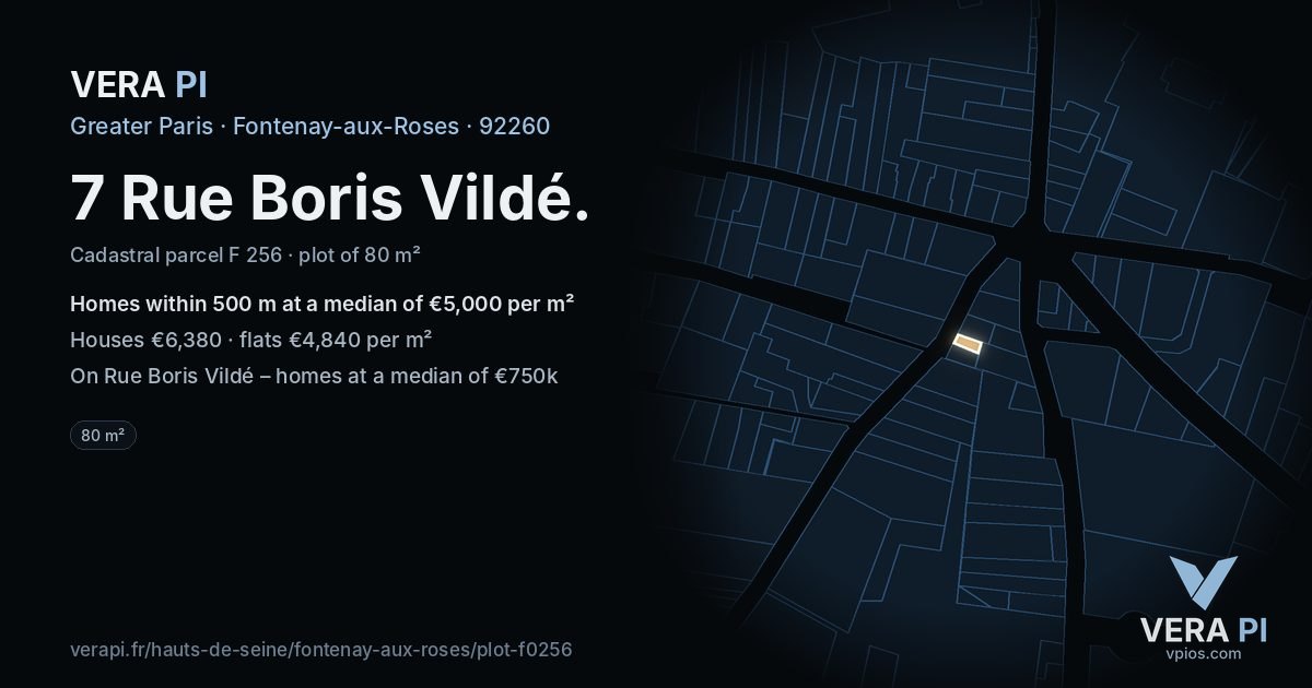 7 Rue Boris Vildé, Fontenay-aux-Roses at night – the plot lit, the parcels around coloured by the prices near them