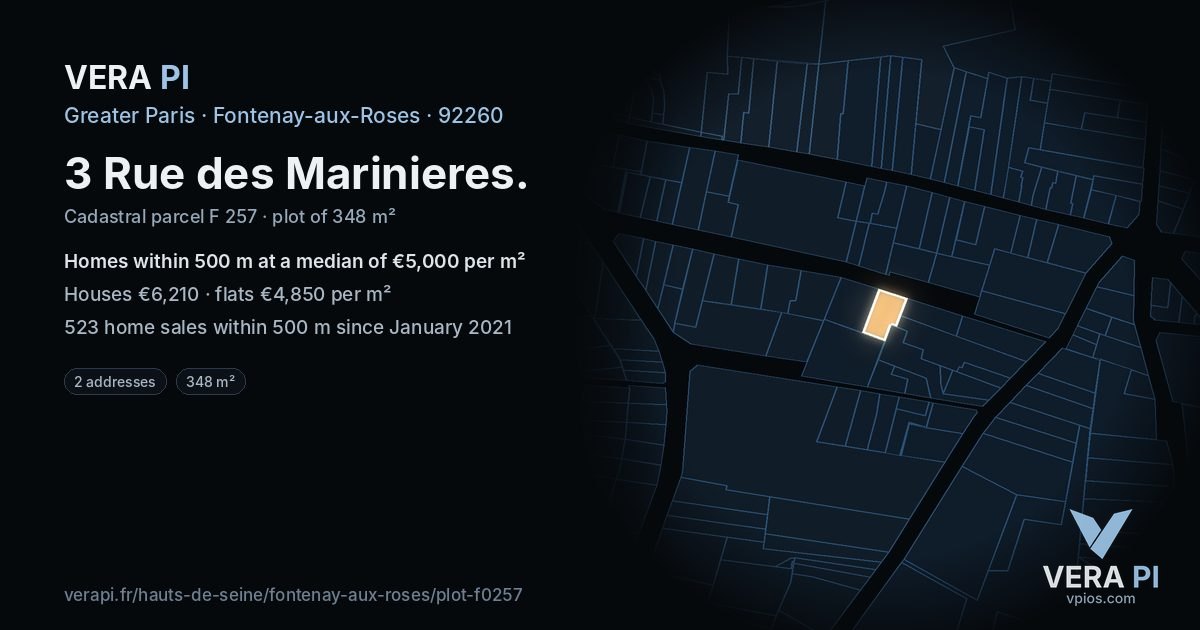 3 Rue des Marinieres, Fontenay-aux-Roses at night – the plot lit, the parcels around coloured by the prices near them