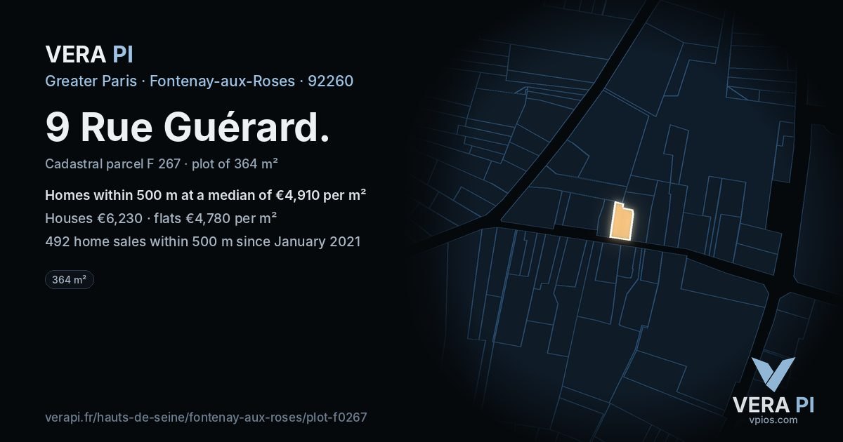 9 Rue Guérard, Fontenay-aux-Roses at night – the plot lit, the parcels around coloured by the prices near them