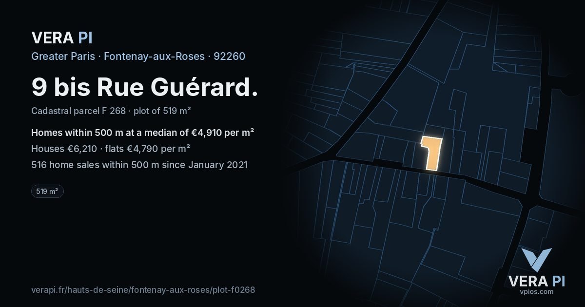 9 bis Rue Guérard, Fontenay-aux-Roses at night – the plot lit, the parcels around coloured by the prices near them