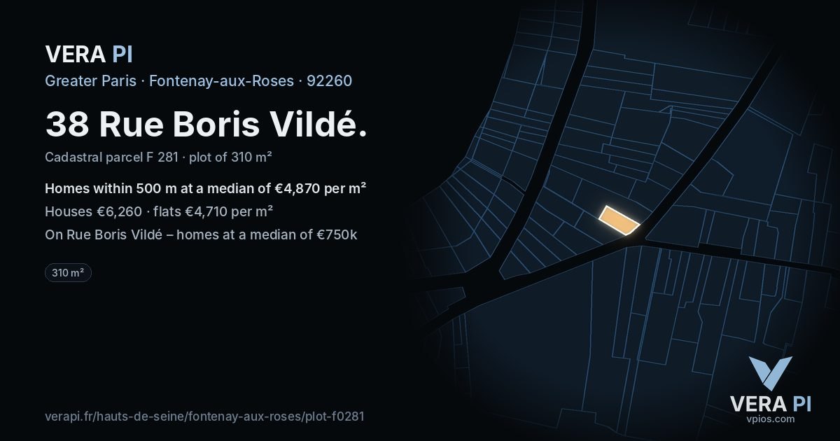 38 Rue Boris Vildé, Fontenay-aux-Roses at night – the plot lit, the parcels around coloured by the prices near them