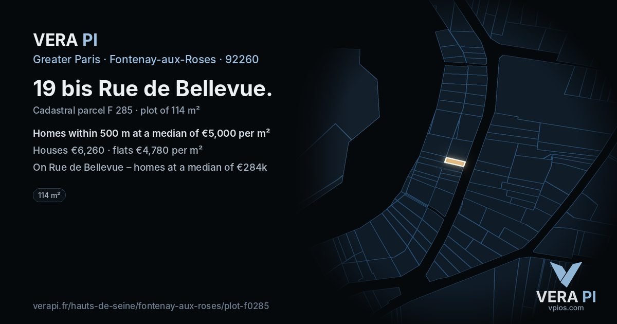 19 bis Rue de Bellevue, Fontenay-aux-Roses at night – the plot lit, the parcels around coloured by the prices near them