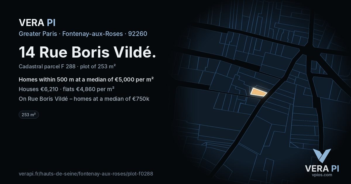 14 Rue Boris Vildé, Fontenay-aux-Roses at night – the plot lit, the parcels around coloured by the prices near them
