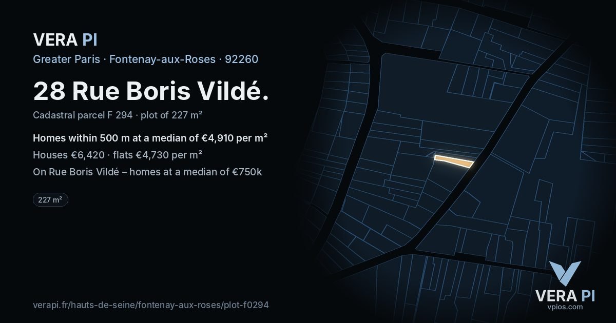 28 Rue Boris Vildé, Fontenay-aux-Roses at night – the plot lit, the parcels around coloured by the prices near them