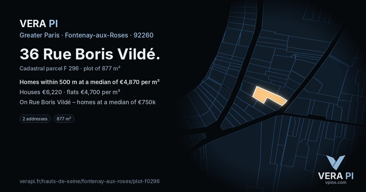 36 Rue Boris Vildé, Fontenay-aux-Roses at night – the plot lit, the parcels around coloured by the prices near them