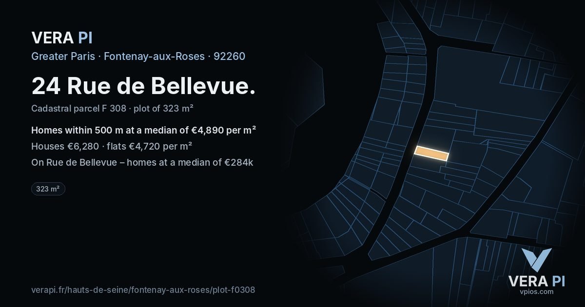 24 Rue de Bellevue, Fontenay-aux-Roses at night – the plot lit, the parcels around coloured by the prices near them