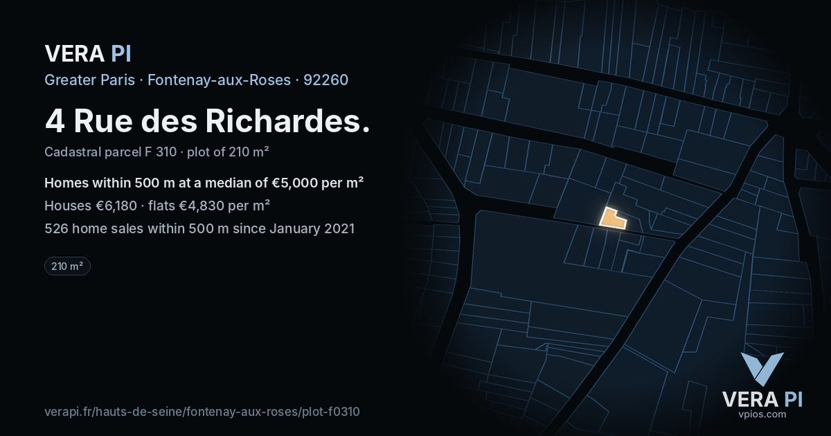 4 Rue des Richardes, Fontenay-aux-Roses at night – the plot lit, the parcels around coloured by the prices near them
