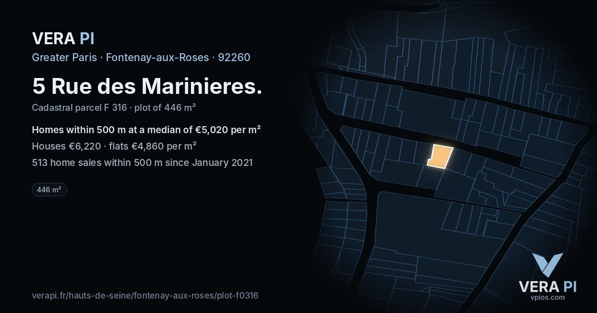 5 Rue des Marinieres, Fontenay-aux-Roses at night – the plot lit, the parcels around coloured by the prices near them